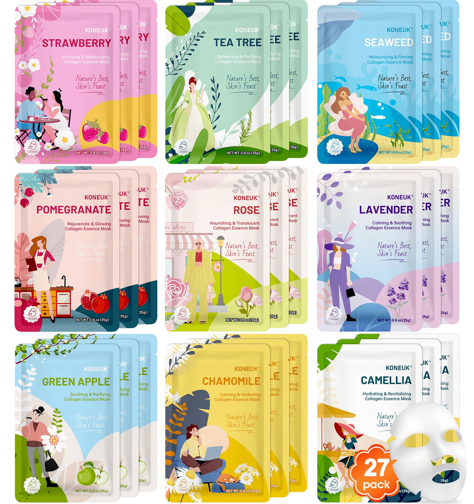 KONEUK 27-Pack Collagen Sheet Masks – Hydrating Skincare Set for Dry Skin