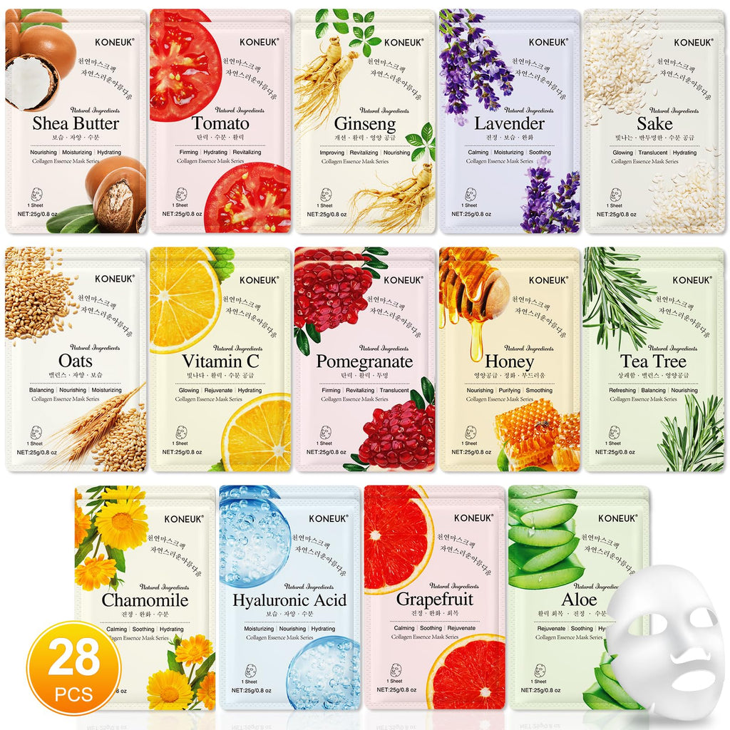 KONEUK 28-Pack Sheet Masks – Hydrating Facial Masks for Sensitive Skin