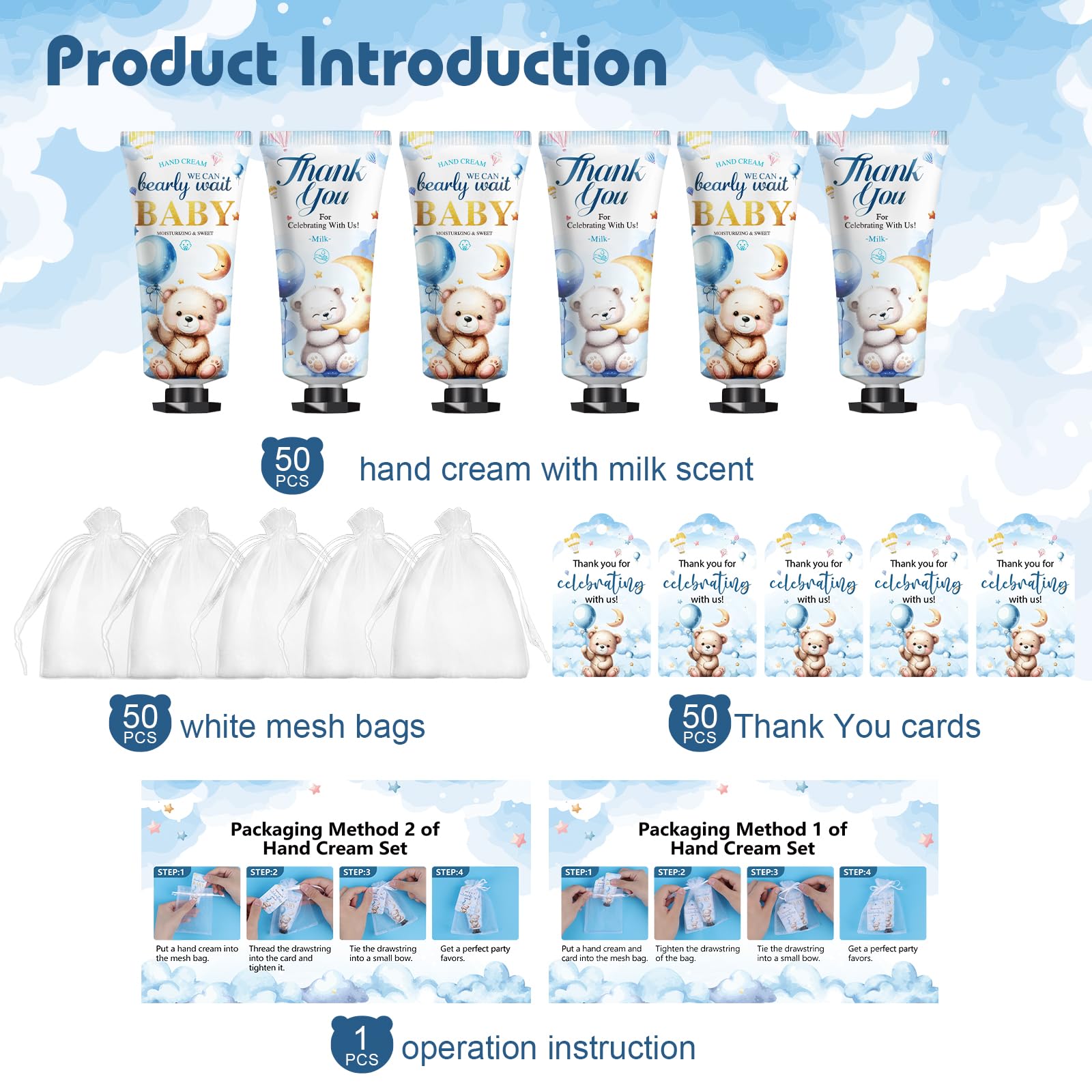 KONEUK 50-Pack Baby Shower Hand Cream Gifts Sets with Thank You Cards & Organza Bags | Bulk Favors for Guests