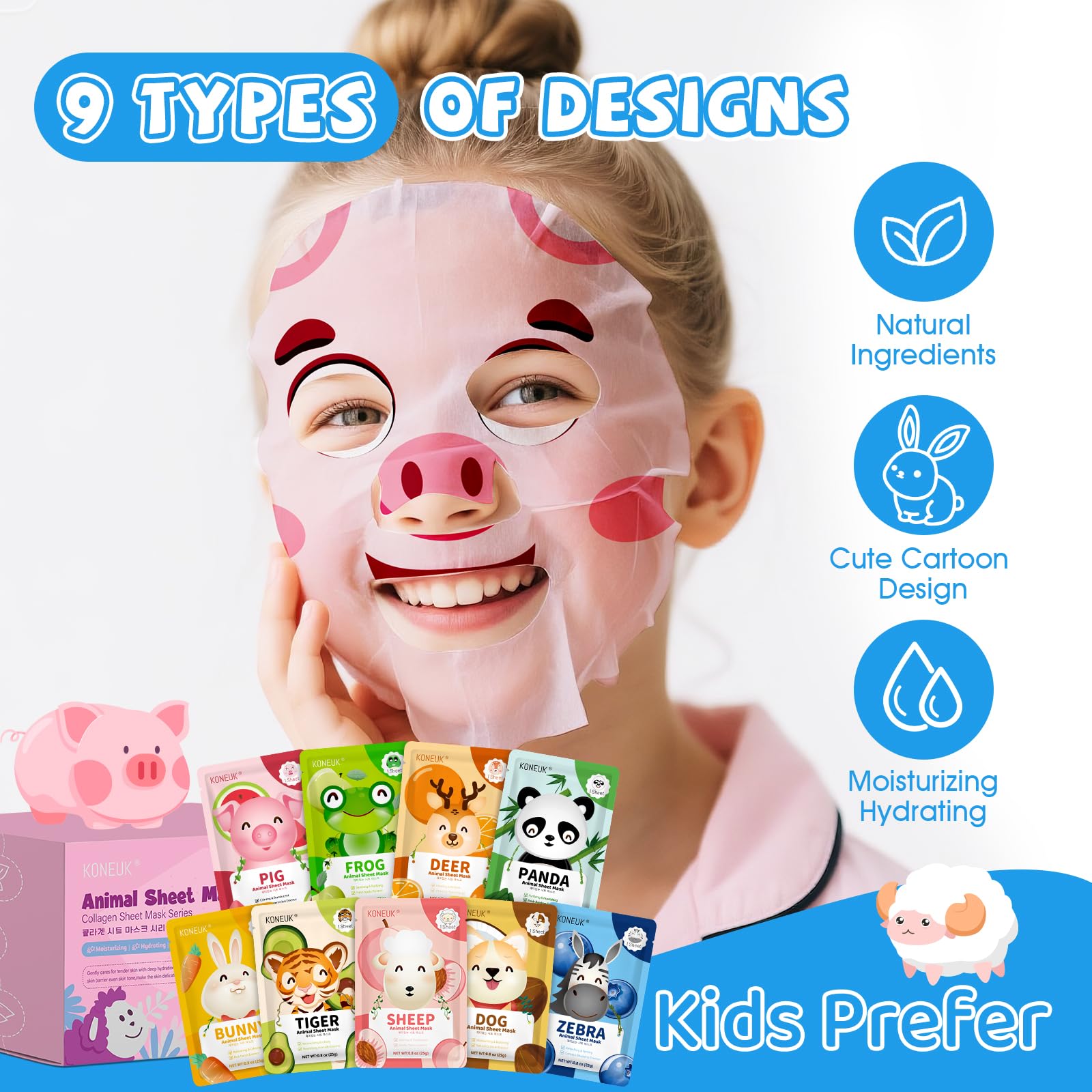 KONEUK 54 Pack Animal Kids Face Masks – Hydrating Sheet Masks for Girls & Teens | Cute Animal Spa Gift Set