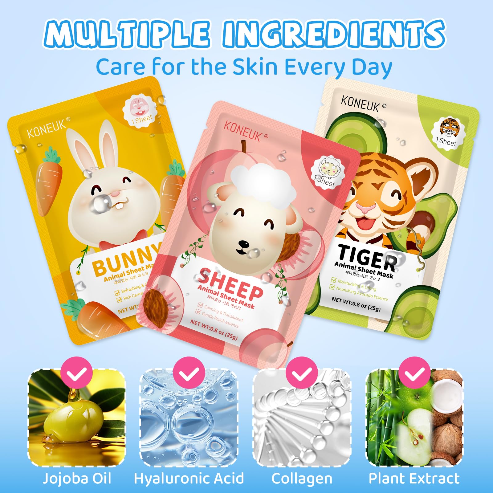KONEUK 54 Pack Animal Kids Face Masks – Hydrating Sheet Masks for Girls & Teens | Cute Animal Spa Gift Set