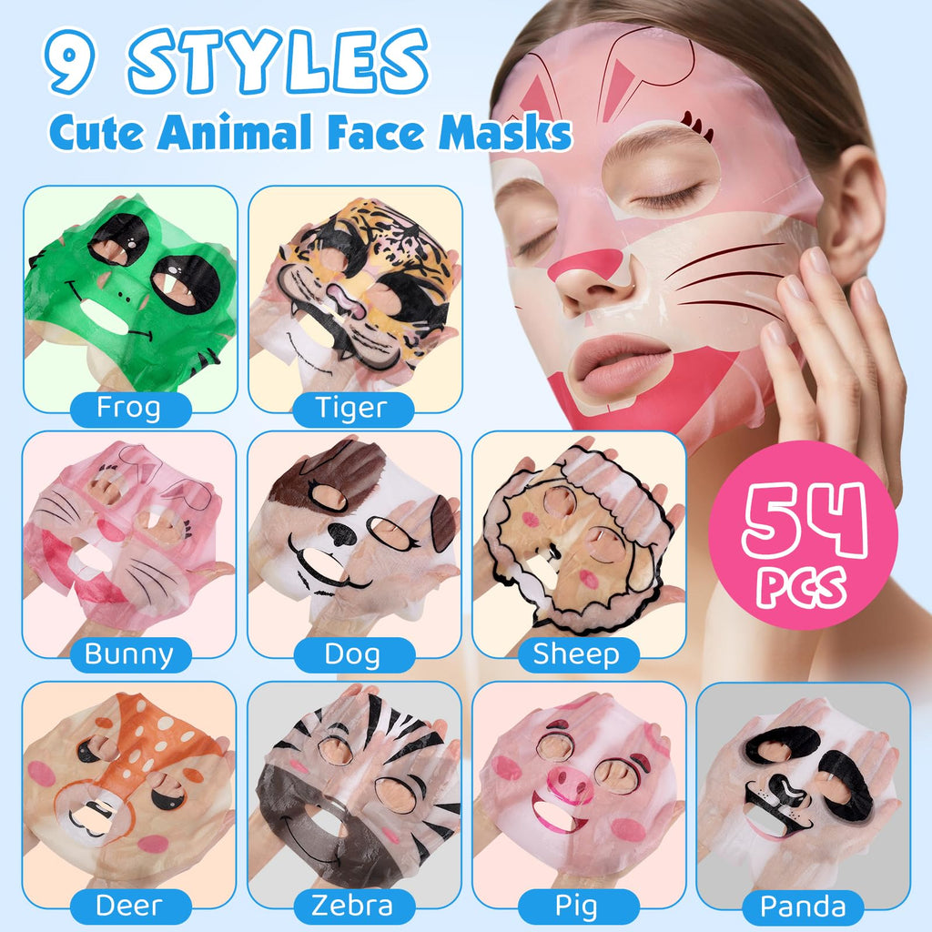 KONEUK 54 Pack Animal Kids Face Masks – Hydrating Sheet Masks for Girls & Teens | Cute Animal Spa Gift Set