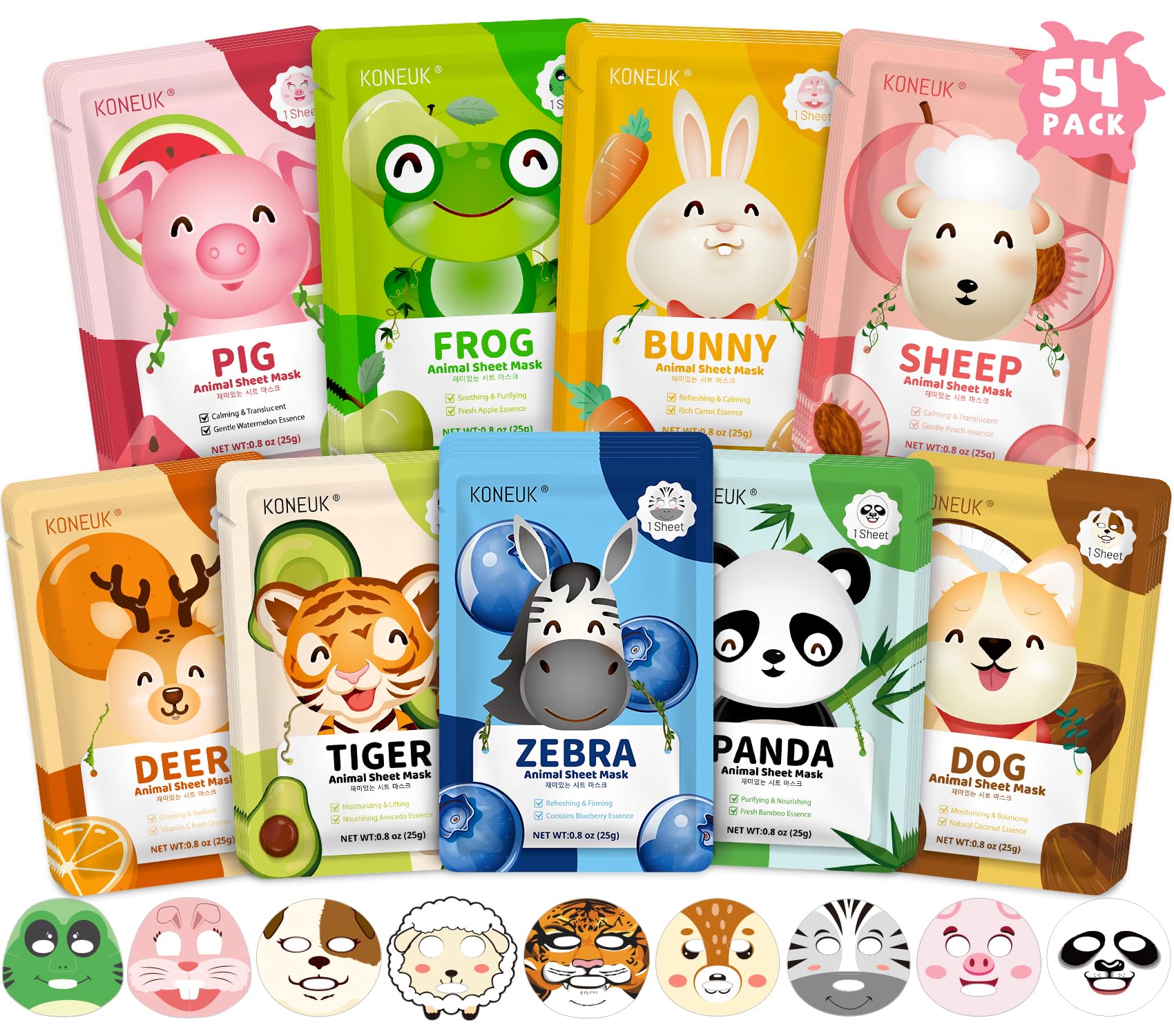 KONEUK 54 Pack Animal Kids Face Masks – Hydrating Sheet Masks for Girls & Teens | Cute Animal Spa Gift Set