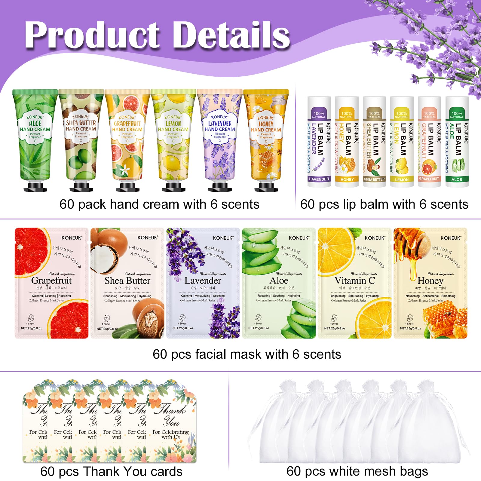 KONEUK 60-Pack Bulk Lip Balm, Facial Mask & Hand Cream Gift Sets