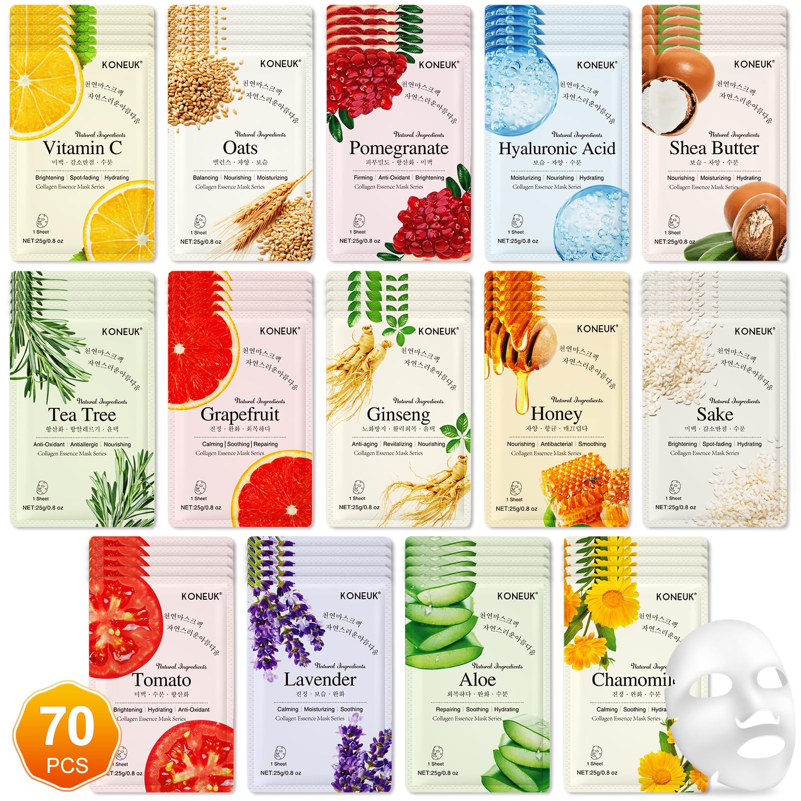 KONEUK 70-Pack Sheet Masks – Hydrating Facial Masks for All Skin Types