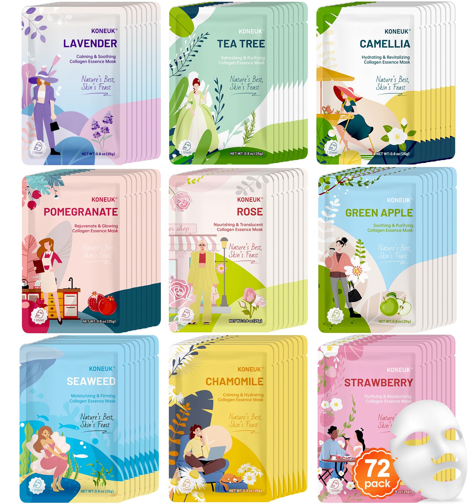 KONEUK 72-Pack Hydrating Face Masks – Collagen Sheet Masks for All Skin Types | Spa Gifts
