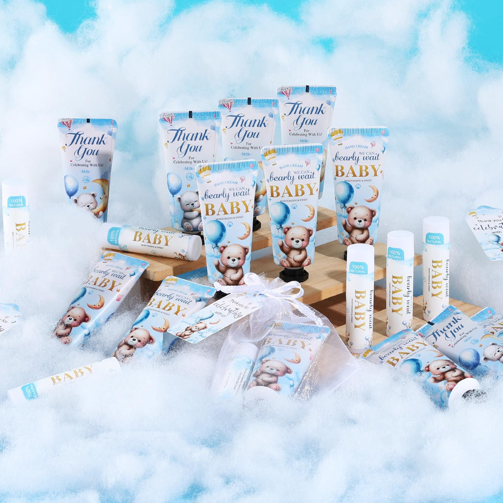KONEUK 50 Pack Lip Balm & Hand Cream Bulk Gift Sets for Baby & Bridal Showers (Bear Theme)