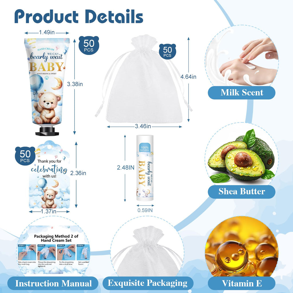 KONEUK 50 Pack Lip Balm & Hand Cream Bulk Gift Sets for Baby & Bridal Showers (Bear Theme)