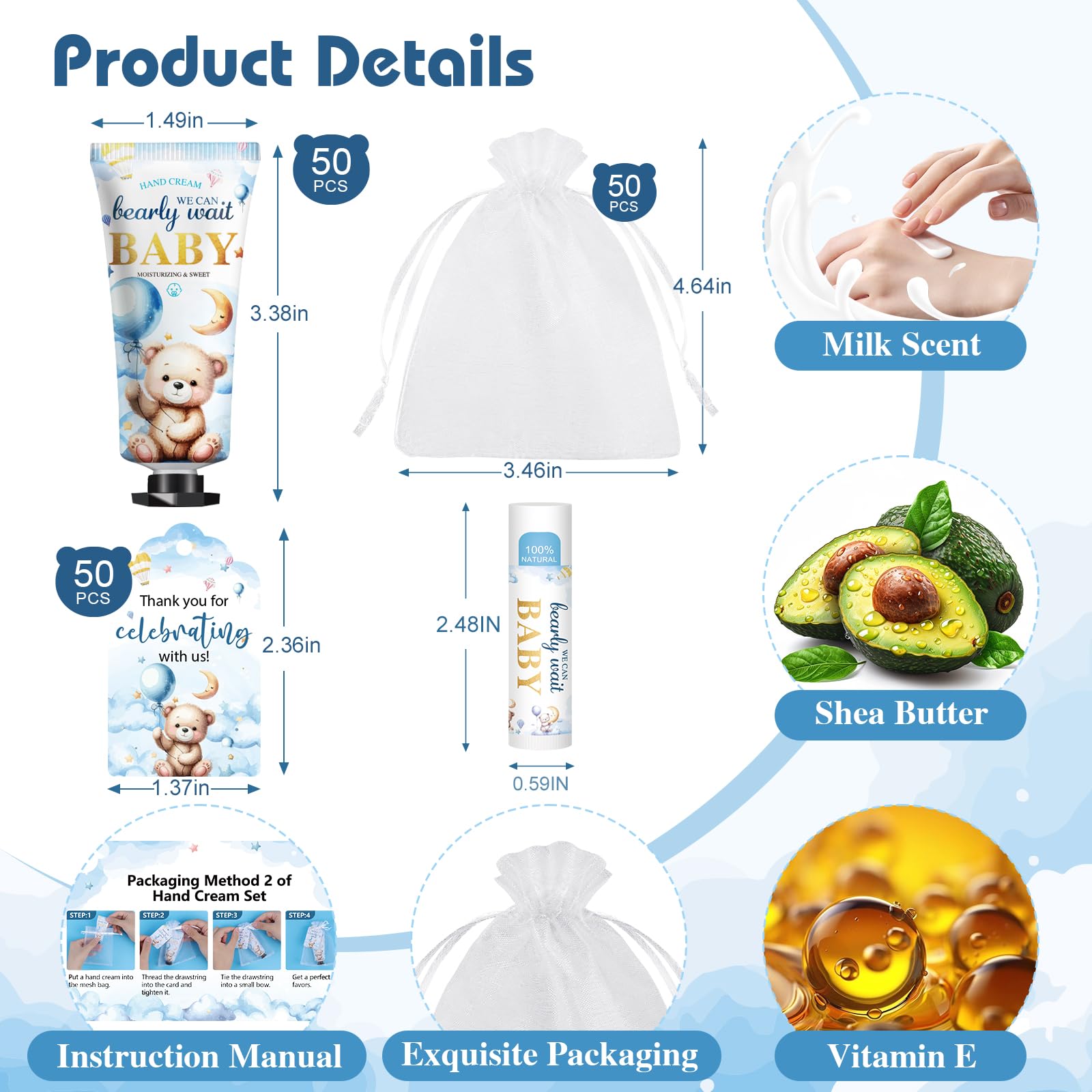 KONEUK 50 Pack Lip Balm & Hand Cream Bulk Gift Sets for Baby & Bridal Showers (Bear Theme)
