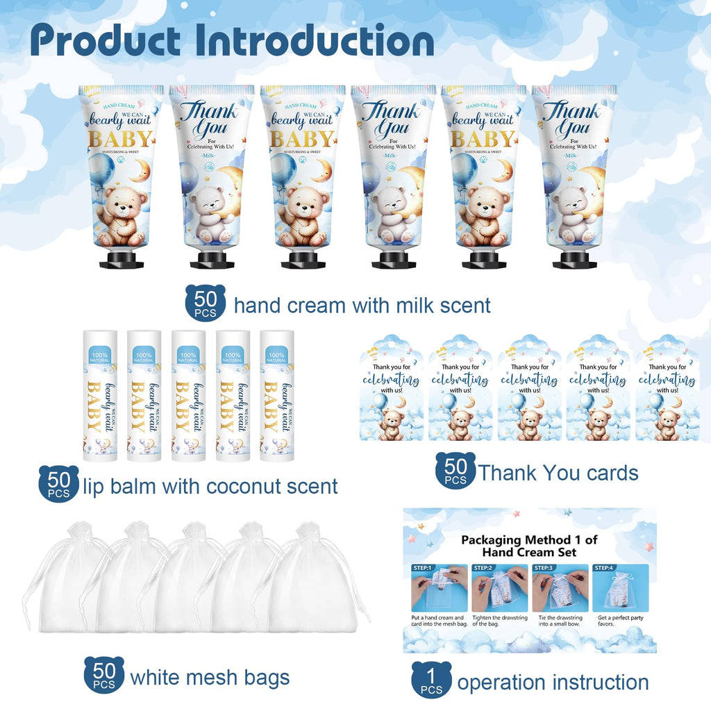 KONEUK 50 Pack Lip Balm & Hand Cream Bulk Gift Sets for Baby & Bridal Showers (Bear Theme)