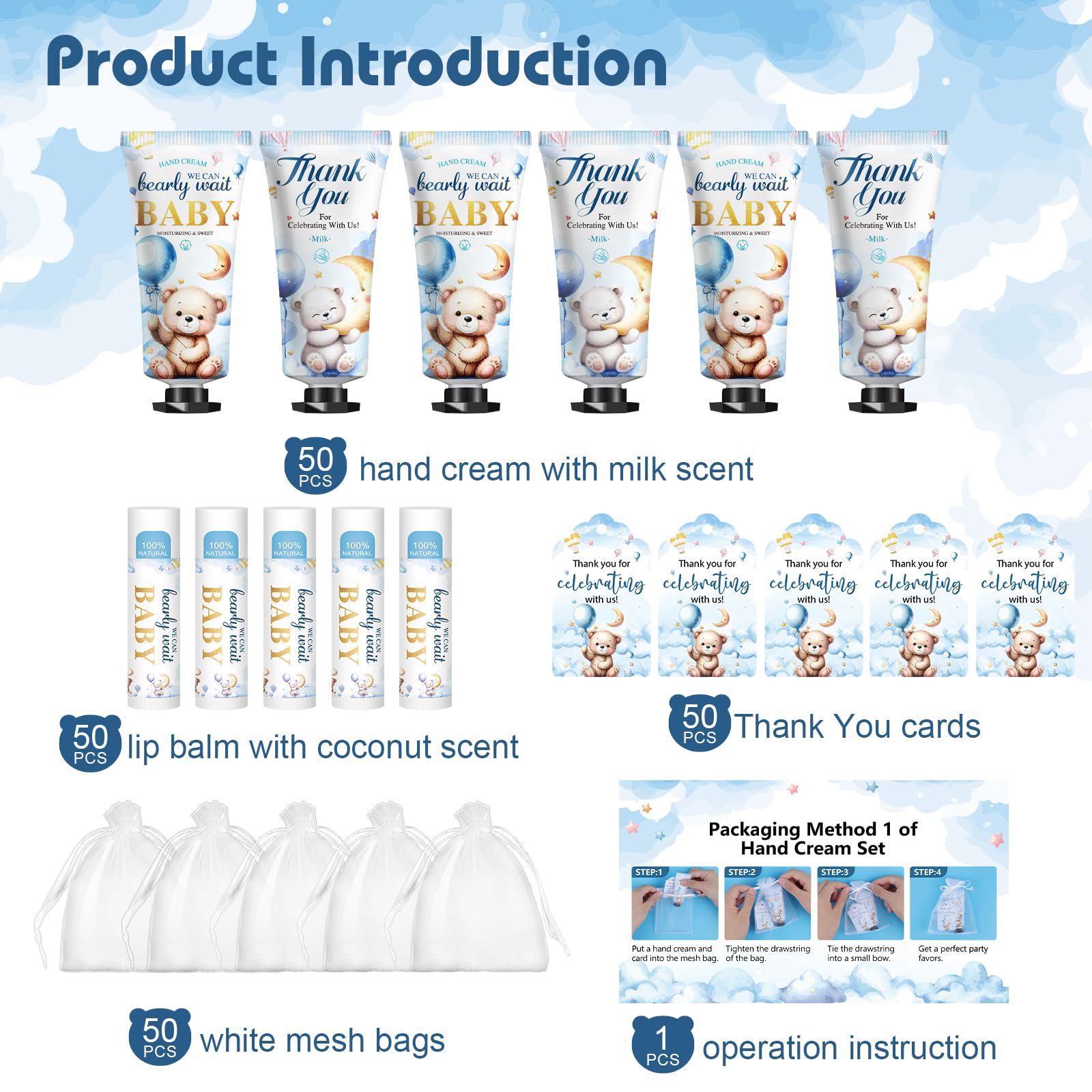 KONEUK 50 Pack Lip Balm & Hand Cream Bulk Gift Sets for Baby & Bridal Showers (Bear Theme)