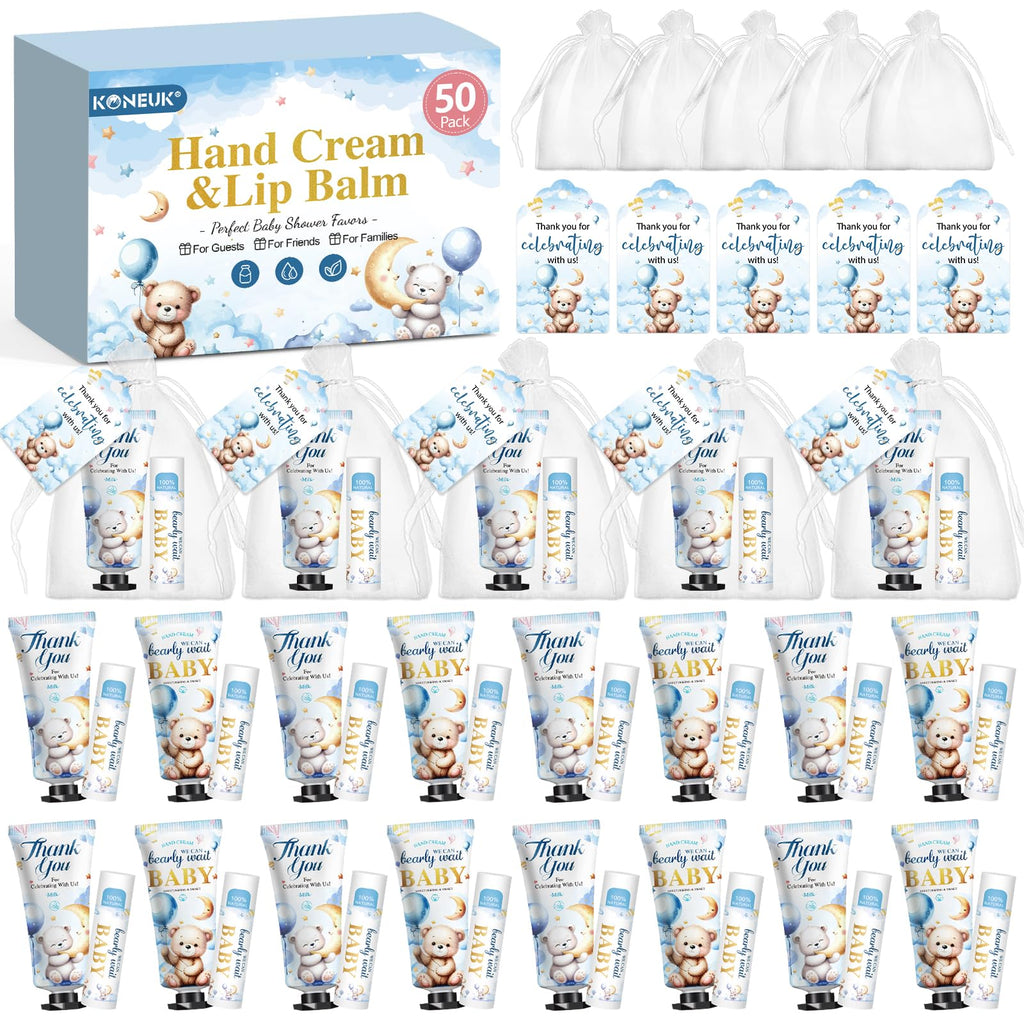 KONEUK 50 Pack Lip Balm & Hand Cream Bulk Gift Sets for Baby & Bridal Showers (Bear Theme)