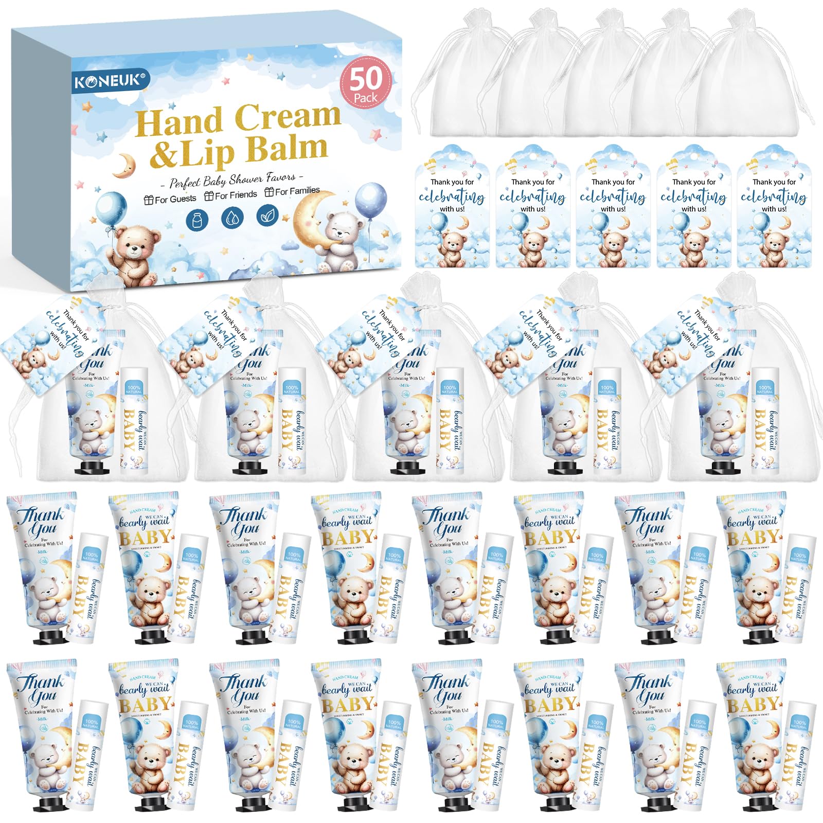 KONEUK 50 Pack Lip Balm & Hand Cream Bulk Gift Sets for Baby & Bridal Showers (Bear Theme)