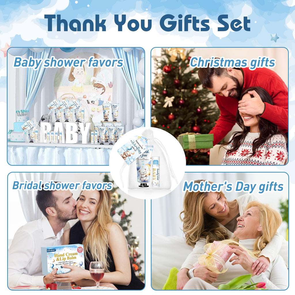 KONEUK 50 Pack Lip Balm & Hand Cream Bulk Gift Sets for Baby & Bridal Showers (Bear Theme)