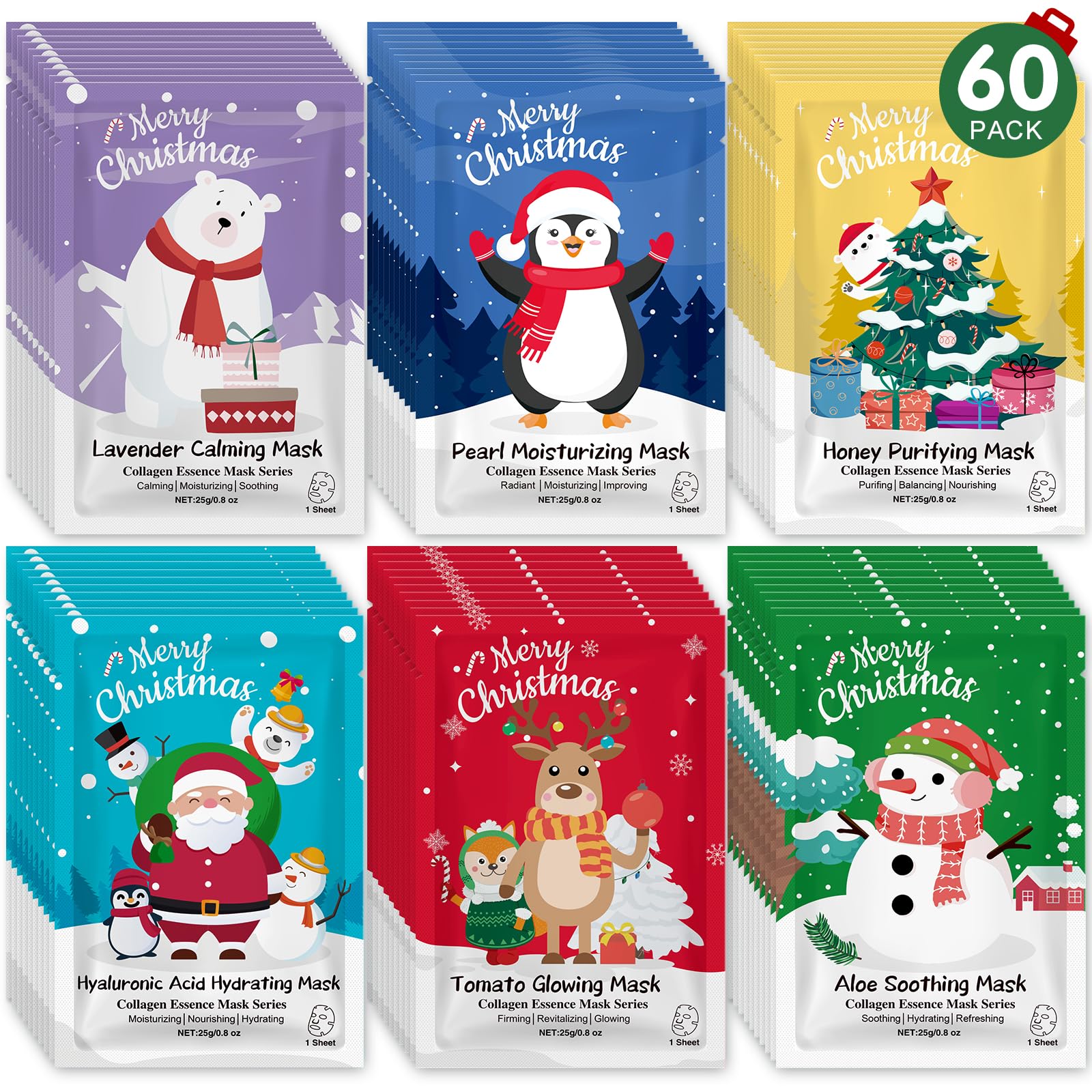 KONEUK 60 Pack Christmas Face Masks – Hydrating Skincare Gift Set & Stocking Stuffers