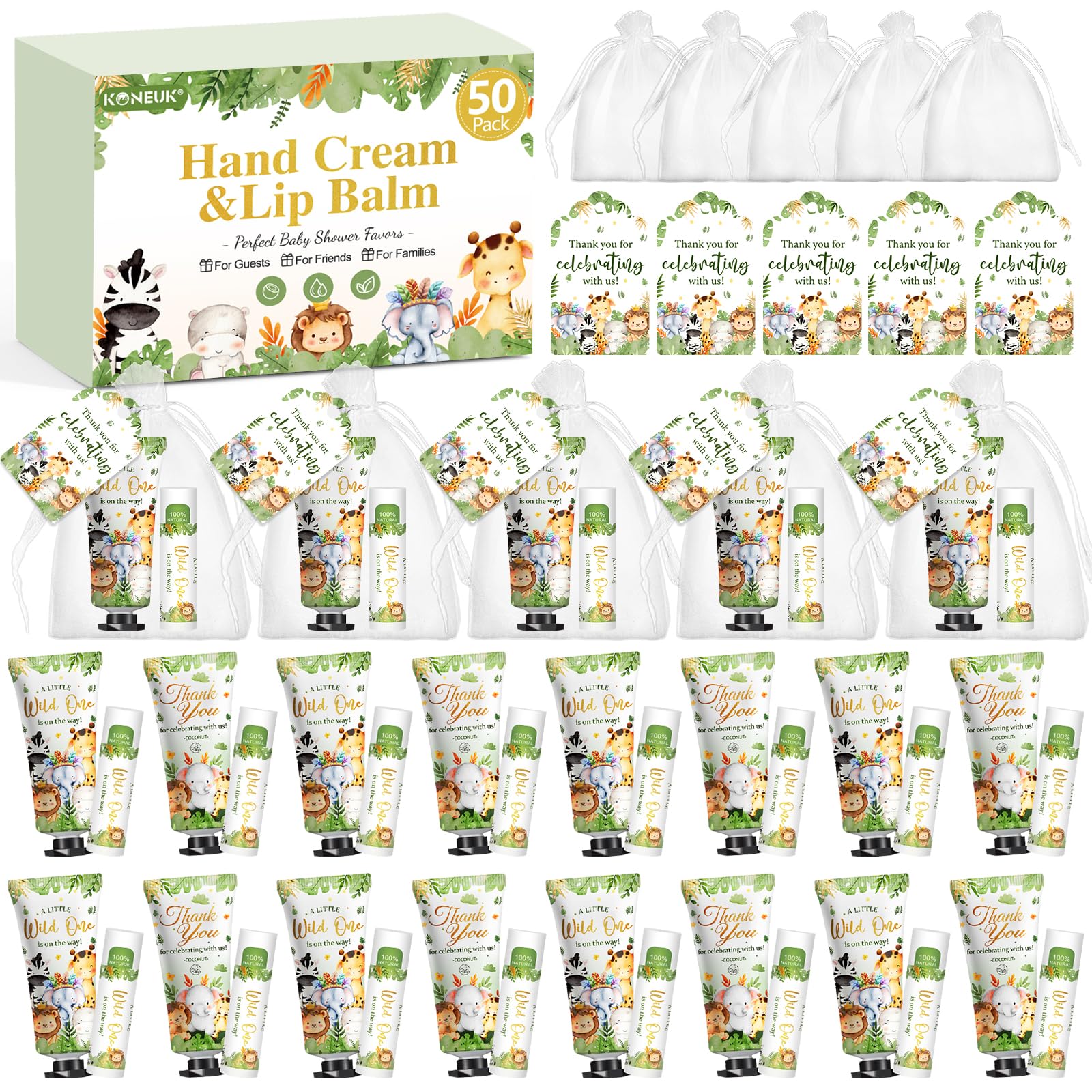 KONEUK 50-Pack Bulk Hand Cream & Lip Balm Gifts Sets – Animal Theme Favors