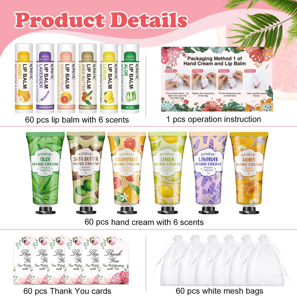 KONEUK 60 Pack Hand Cream & Lip Balm Bulk Sets – Gift Favors for Weddings & Occasions