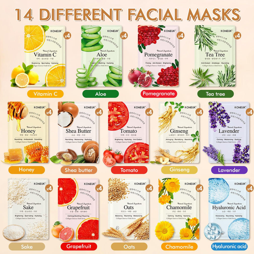 KONEUK 56 Pack Sheet Masks Gift Set – Hydrating Facial Masks for All Skin Types