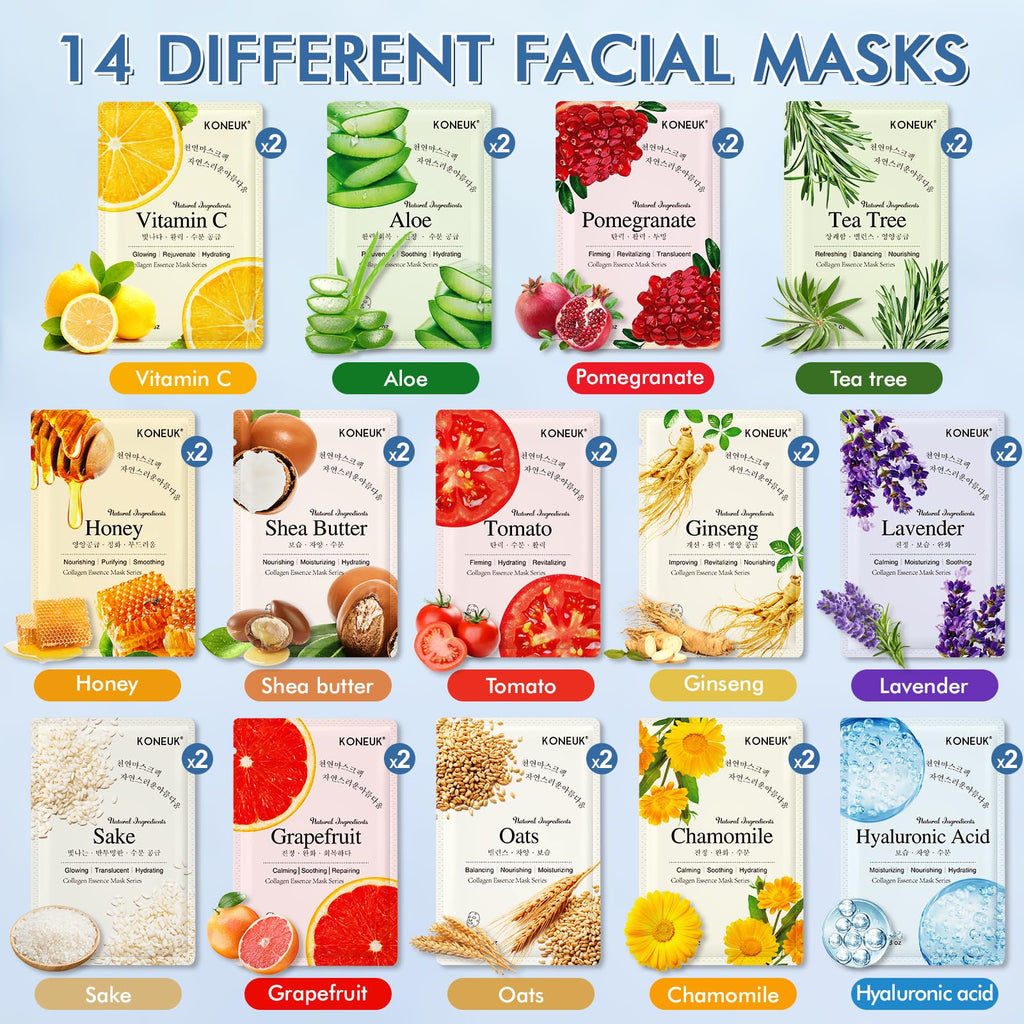 KONEUK 28-Pack Sheet Masks – Hydrating Facial Masks for Sensitive Skin