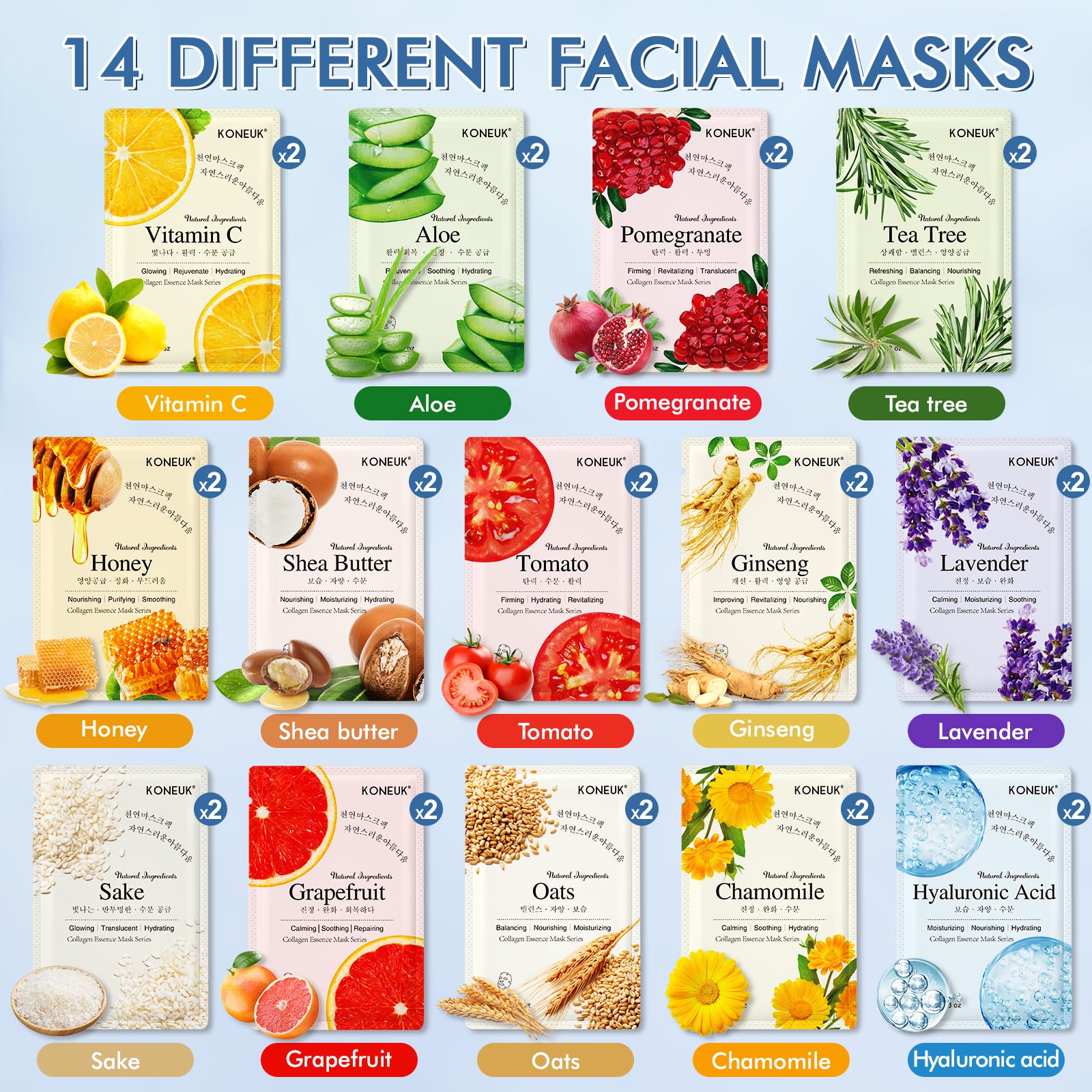 KONEUK 28-Pack Sheet Masks – Hydrating Facial Masks for Sensitive Skin