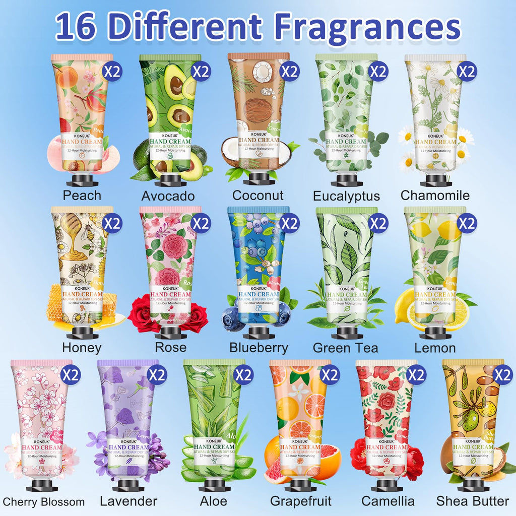 KONEUK 32-Pack Hand Cream Gift Set – Travel-Size Moisturizers for Women