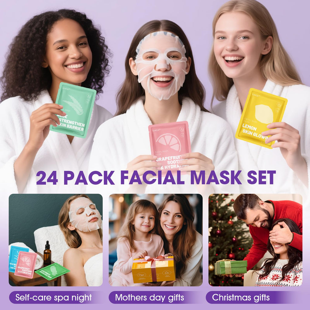 KONEUK 24 Pack Hydrating Face Masks – Soothing & Moisturizing Skincare for All Skin Types