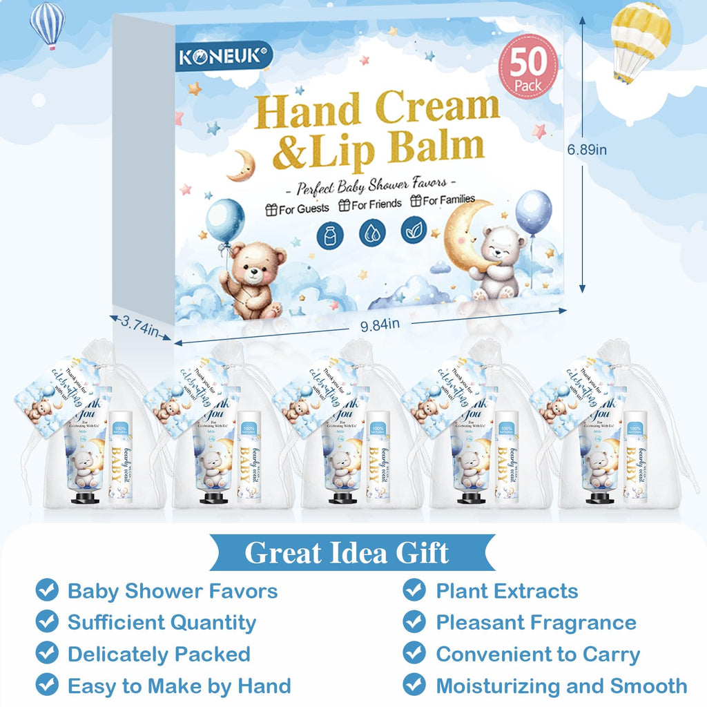 KONEUK 50 Pack Lip Balm & Hand Cream Bulk Gift Sets for Baby & Bridal Showers (Bear Theme)