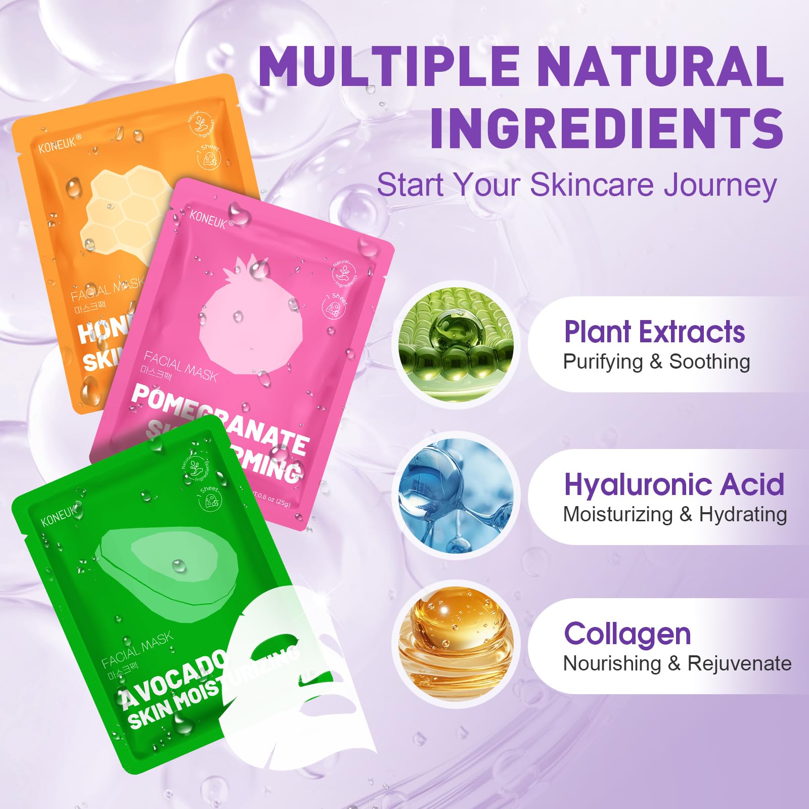 KONEUK 24 Pack Hydrating Face Masks – Soothing & Moisturizing Skincare for All Skin Types