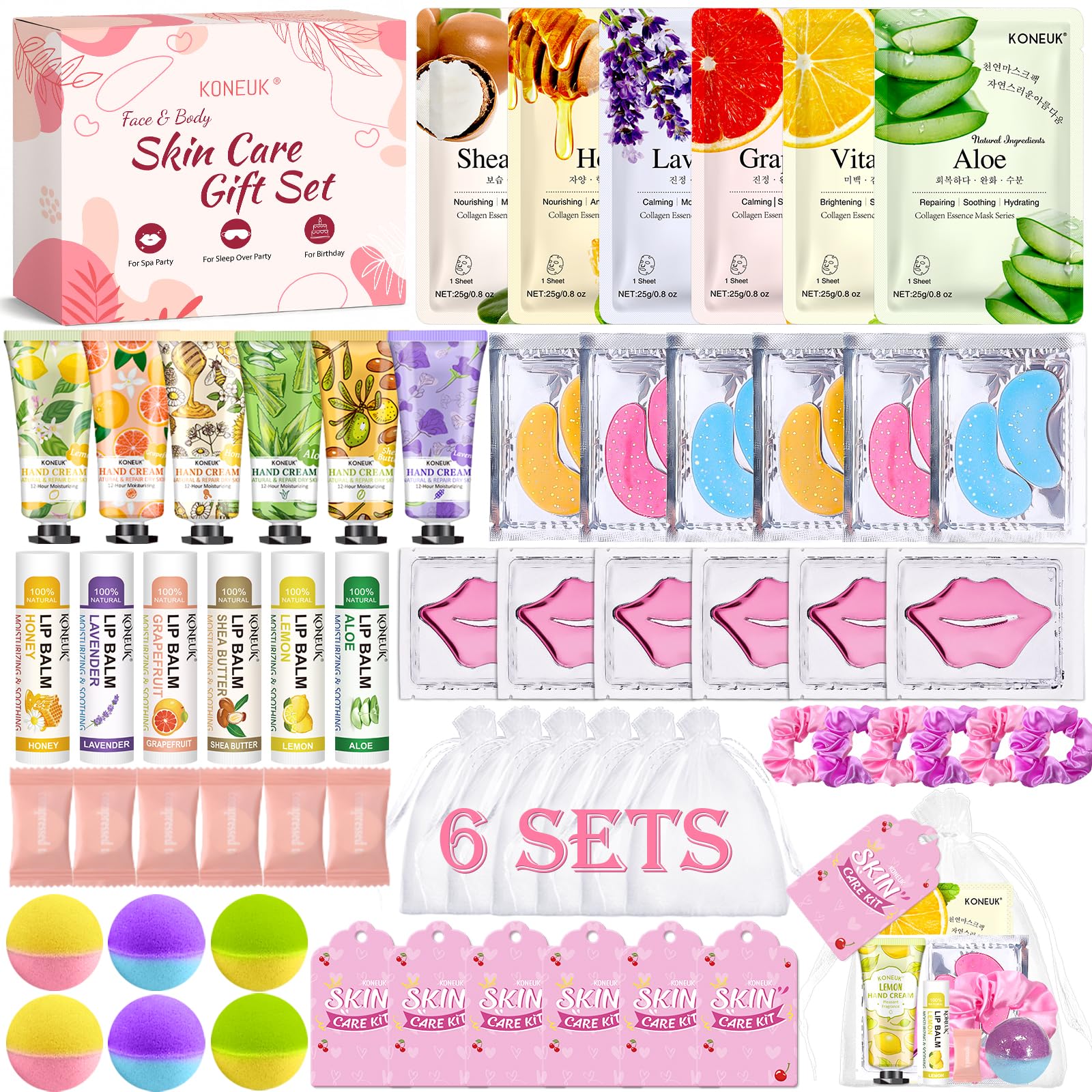 KONEUK 60-Pcs Spa Party Supplies for Girls – Masks, Creams & Lip Care for Sleepovers