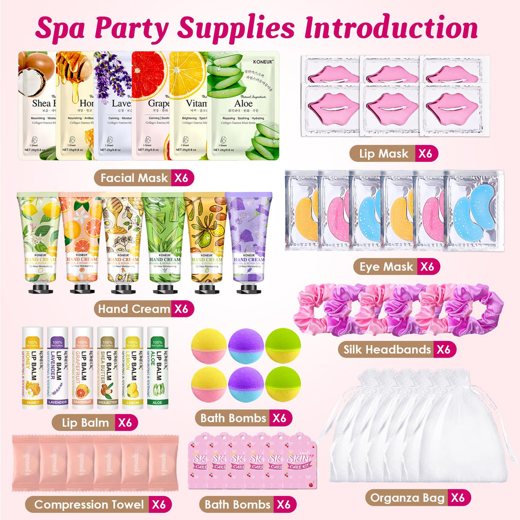 KONEUK 60-Pcs Spa Party Supplies for Girls – Masks, Creams & Lip Care for Sleepovers
