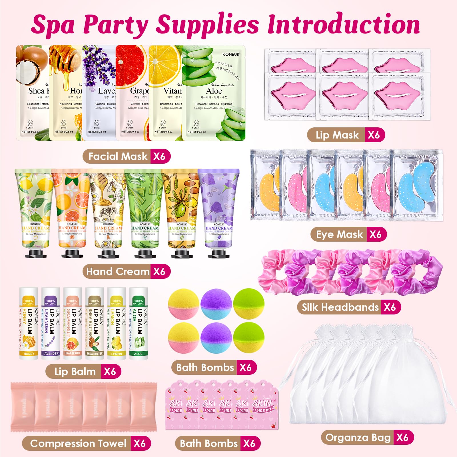 KONEUK 60-Pcs Spa Party Supplies for Girls – Masks, Creams & Lip Care for Sleepovers