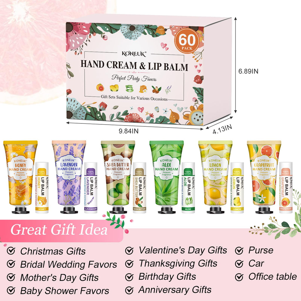 KONEUK 60 Pack Hand Cream & Lip Balm Bulk Sets – Gift Favors for Weddings & Occasions