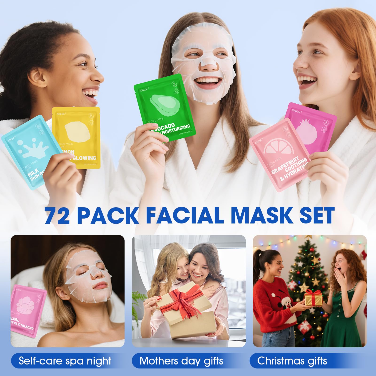 KONEUK 72 Pack Collagen Face Masks – Hydrating Skincare Set for All Skin Types