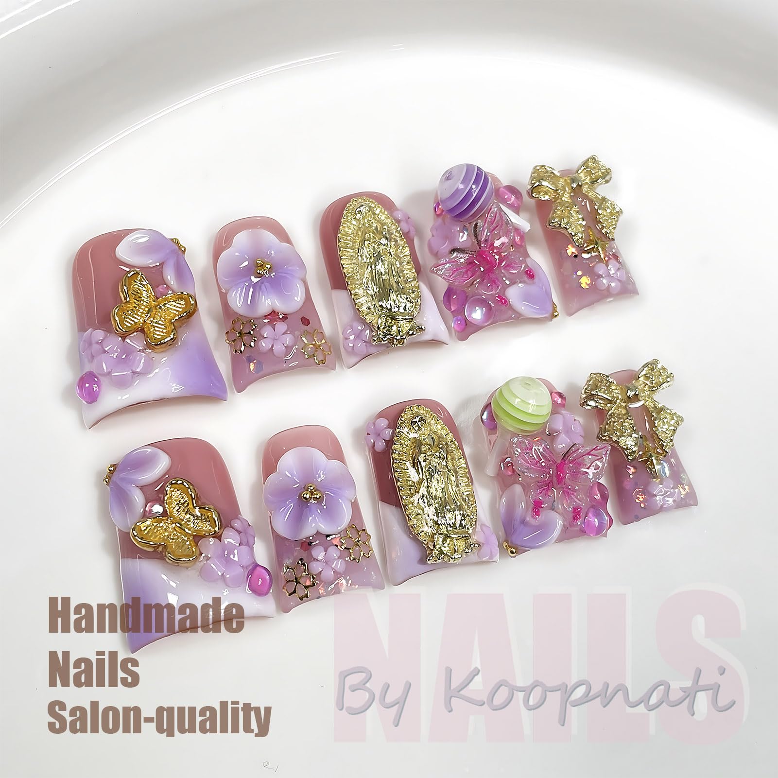 koopnati Handmade Press On Nails – Short Duck with French Tip and 3D Design