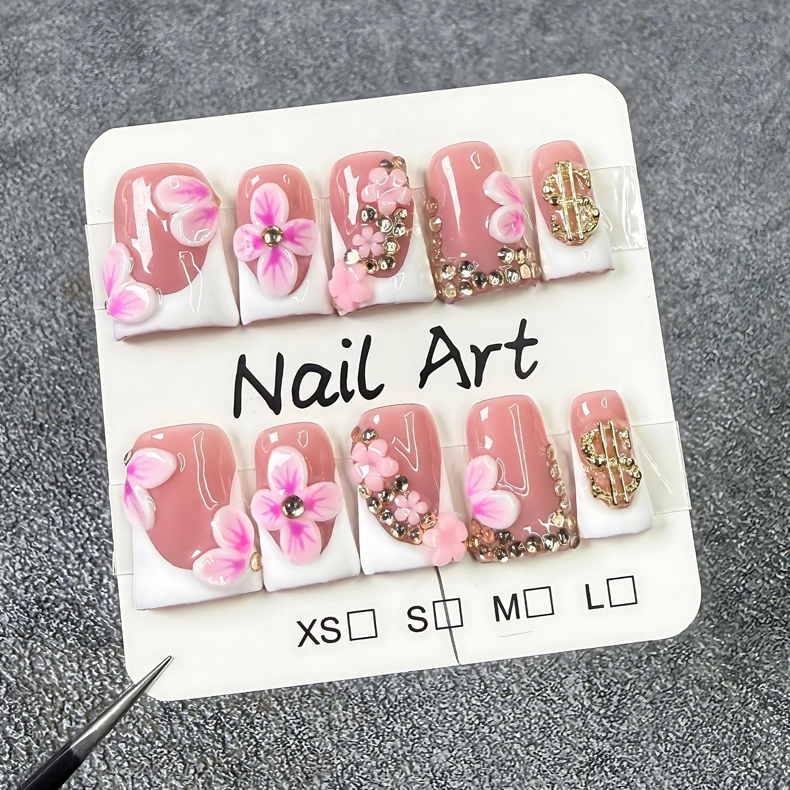 Koopnati Handmade 3D Nail Art Press On Nails – French Tip with 3D Flowers