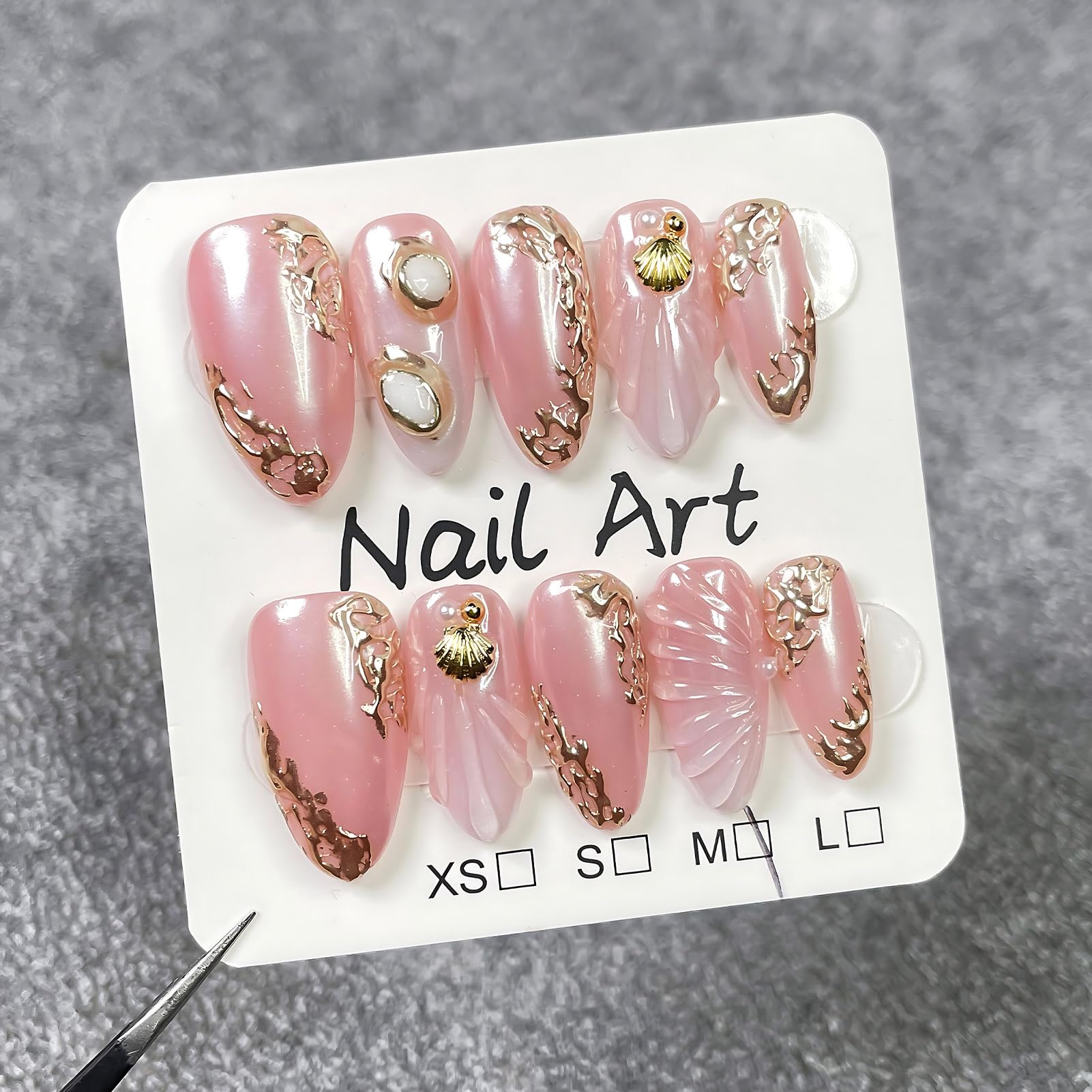 koopnati Handmade Press On Nails - Short Almond Pink with 3D Design - Home Manicure Kit