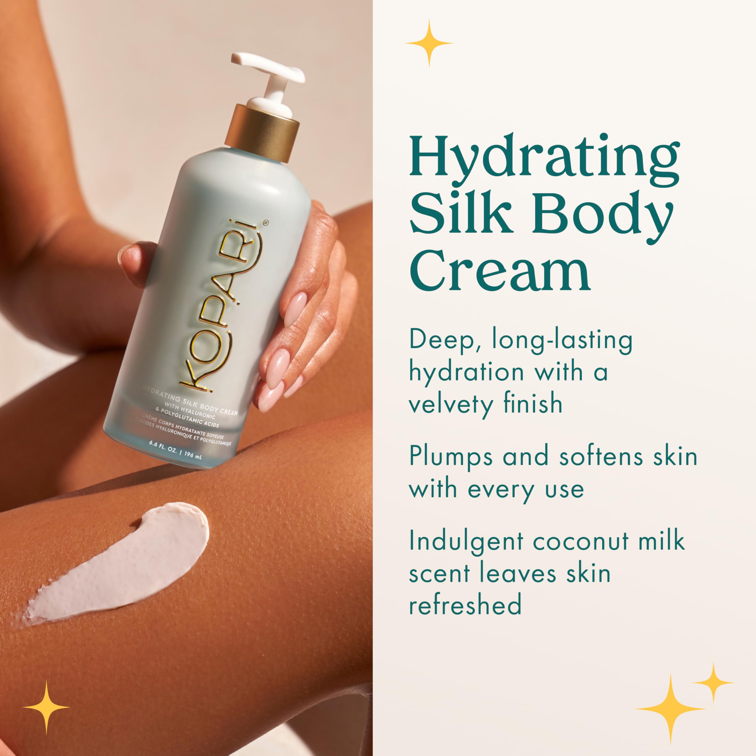 Kopari Hydrating Silk Body Cream – Hyaluronic & Polyglutamic Acids, 6.7 oz | Lightweight, Silky Moisturizer with Coconut Milk Scent