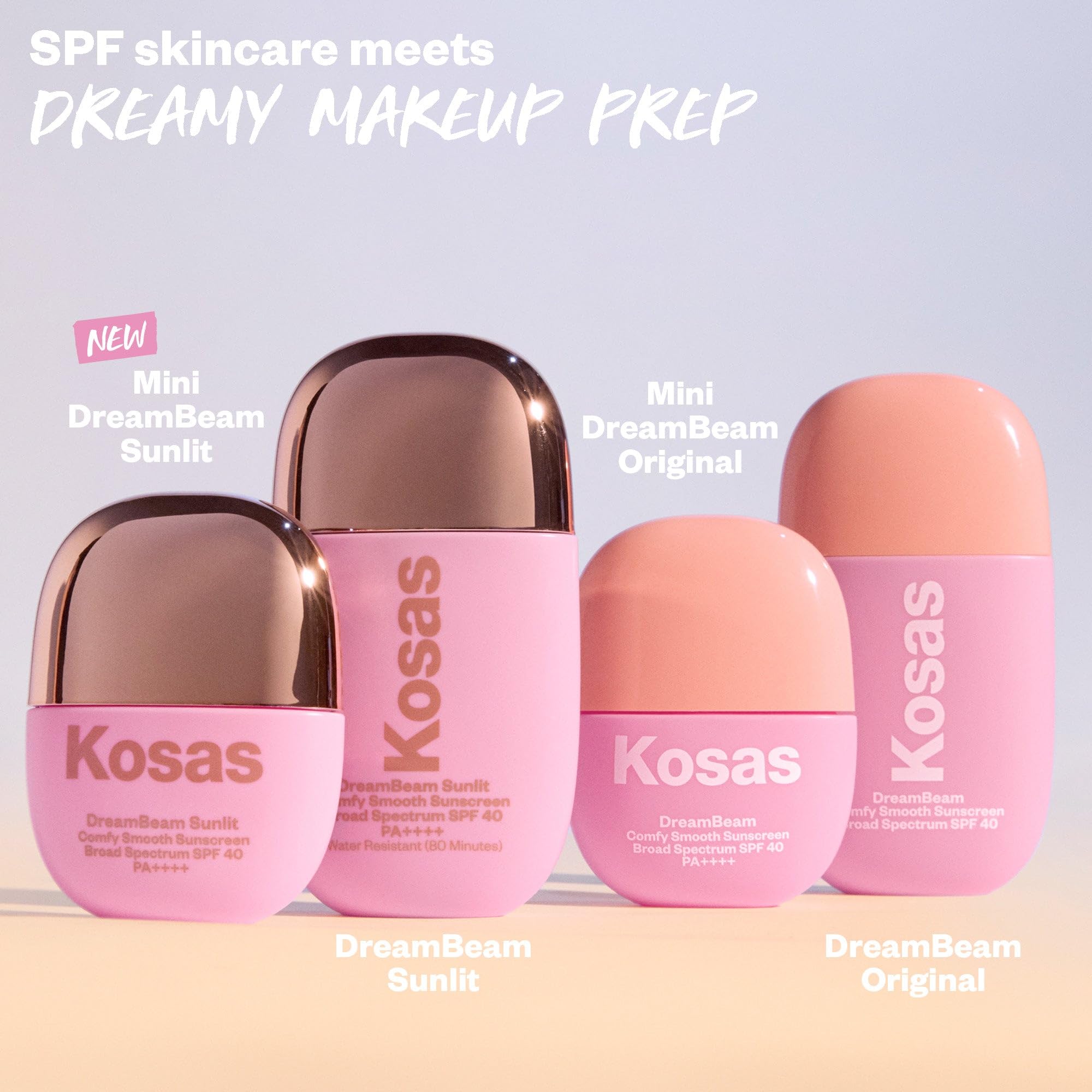 Kosas Mini DreamBeam SPF 40 Water-Resistant Sunscreen – Travel Size Face Primer with Hyaluronic Acid, Ceramides & Peptides