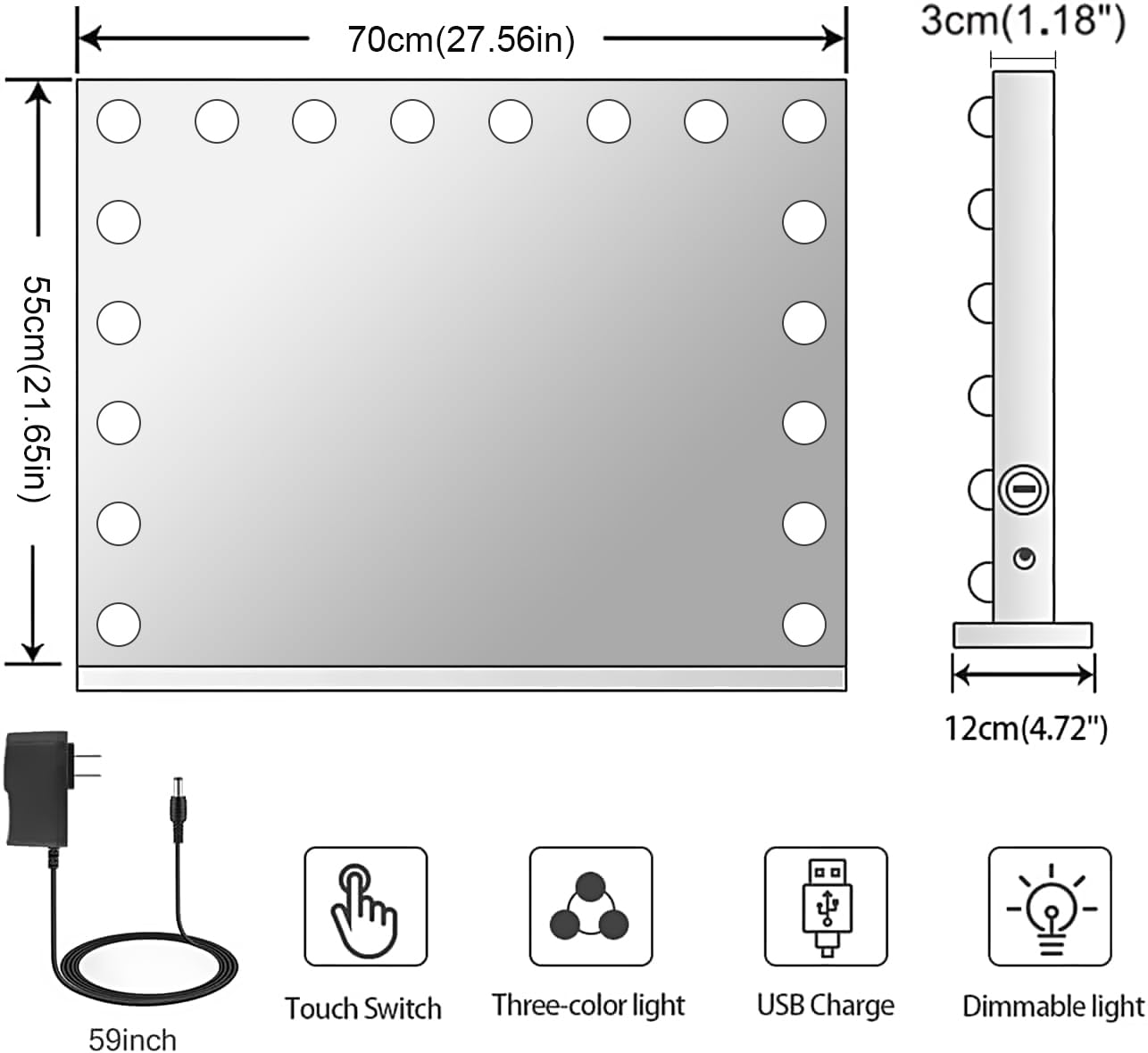 Kottova Vanity Mirror with Lights – 18 LEDs, 3 Color Temps, USB Port, Detachable 10x Magnifier