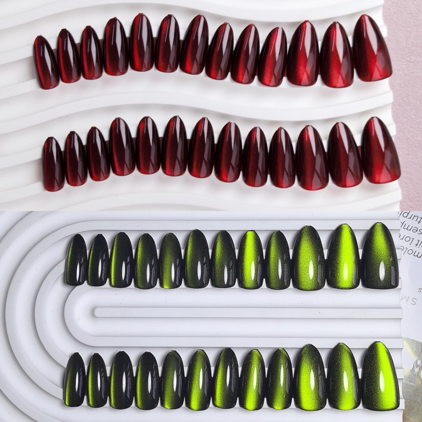 KQueenest 4 Packs Gel Press On Nails – Almond Stiletto Cat Eye, Dark Chrome & Glitter Kit, 96 Pcs Valentines Gift Kit