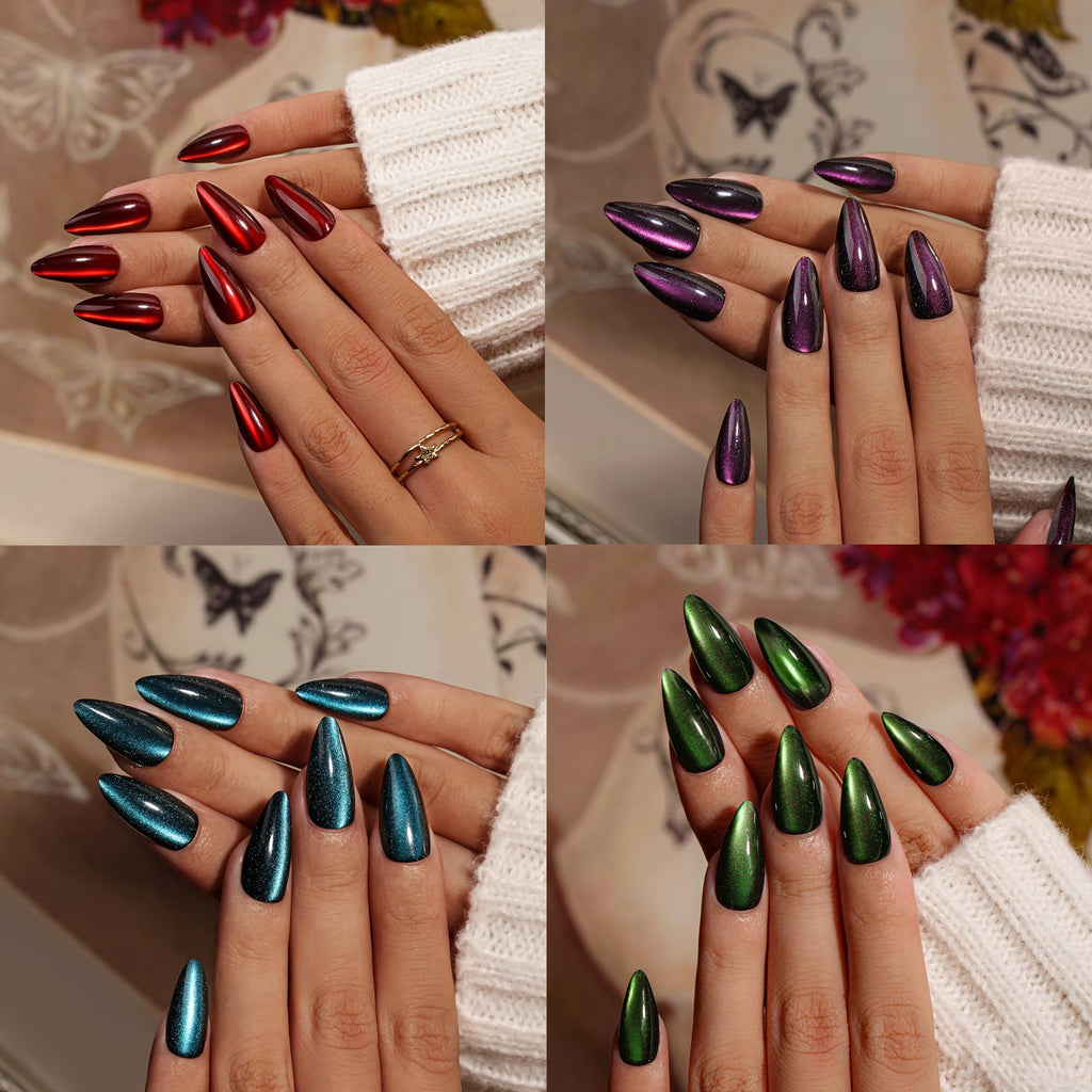 KQueenest 4 Packs Gel Press On Nails – Almond Stiletto Cat Eye, Dark Chrome & Glitter Kit, 96 Pcs Valentines Gift Kit