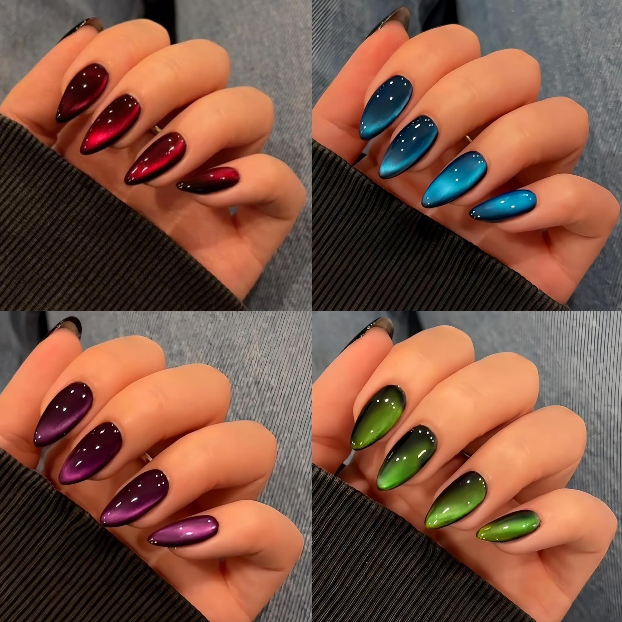 KQueenest 4 Packs Gel Press On Nails – Almond Stiletto Cat Eye, Dark Chrome & Glitter Kit, 96 Pcs Valentines Gift Kit