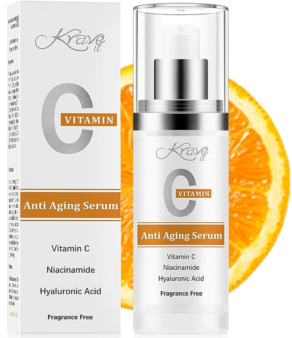 KRAVE IT Face Serum Vitamin C – 20% L-Ascorbic Acid, Niacinamide & Hyaluronic Acid | Brightening, Hydration, Even Tone | Fragrance-Free, 1 Fl Oz