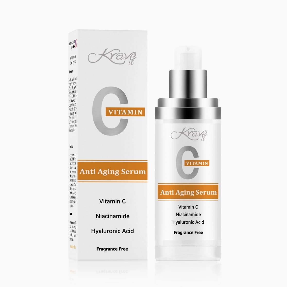 KRAVE IT Face Serum Vitamin C – 20% L-Ascorbic Acid, Niacinamide & Hyaluronic Acid | Brightening, Hydration, Even Tone | Fragrance-Free, 1 Fl Oz