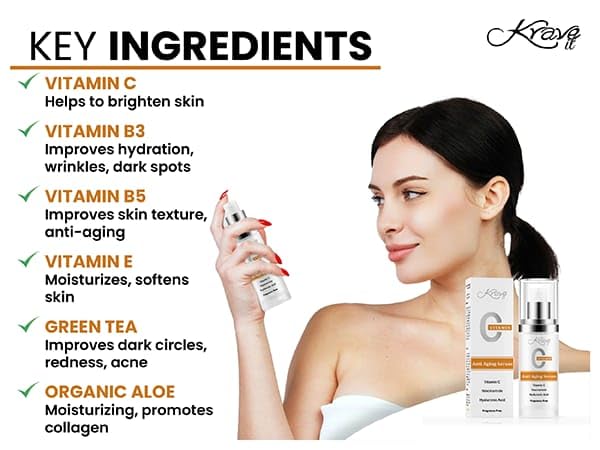 KRAVE IT Face Serum Vitamin C – 20% L-Ascorbic Acid, Niacinamide & Hyaluronic Acid | Brightening, Hydration, Even Tone | Fragrance-Free, 1 Fl Oz