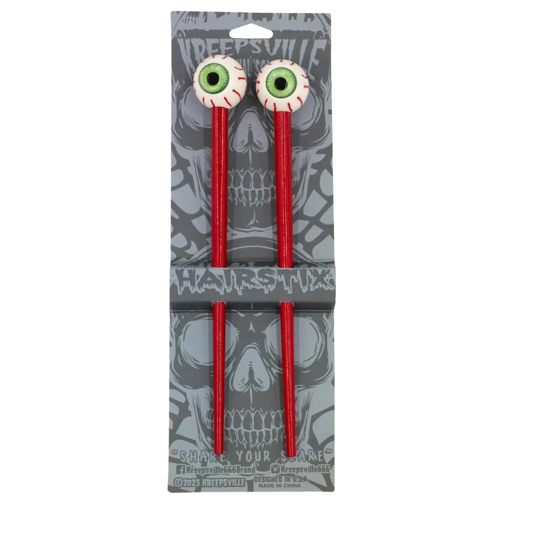Kreepsville 666 Creepy Green Eye Ball Hair Sticks – Red, 1 Count, Gothic Hair Accessory