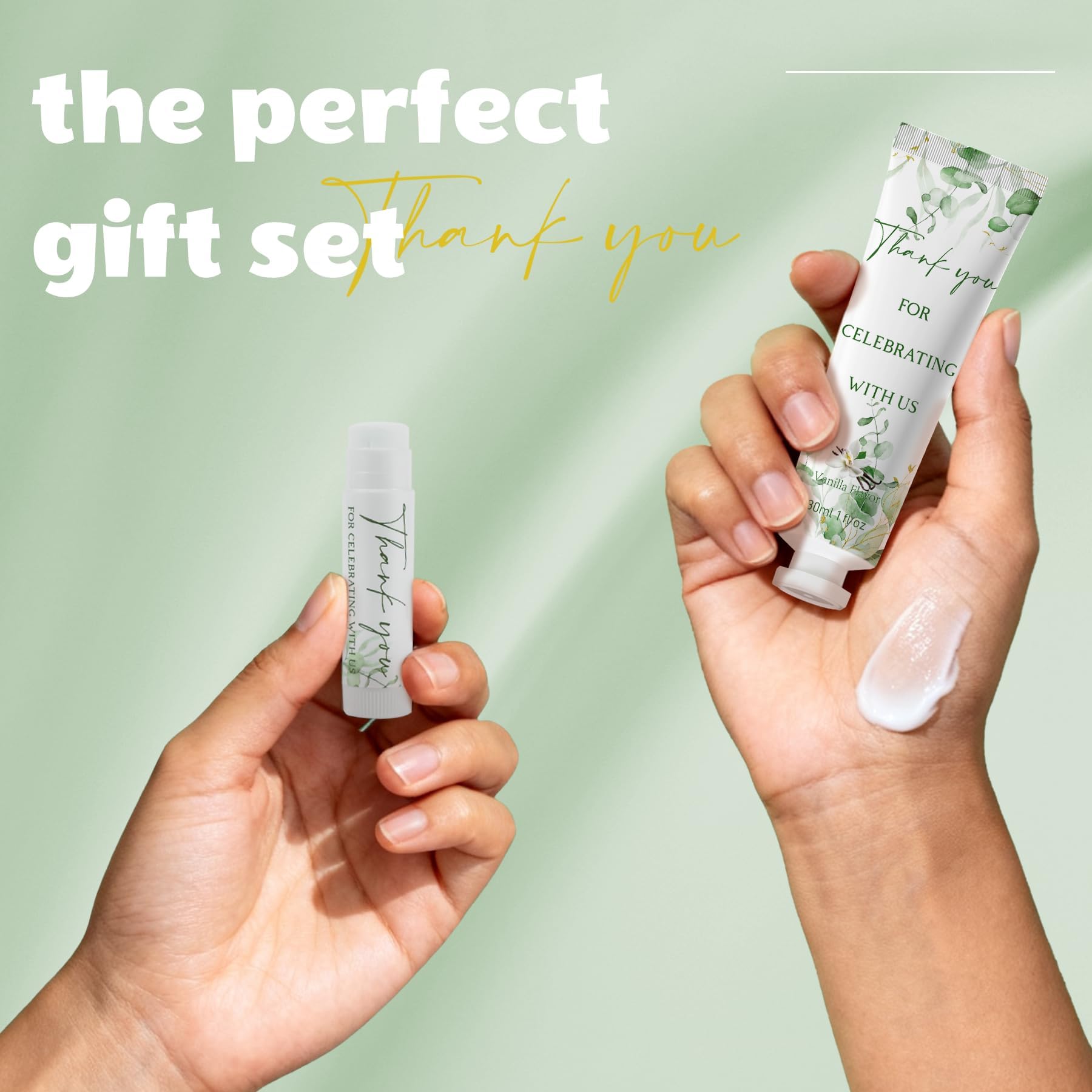 Kuabiz 30-Piece Hand Cream & Lip Balm Gift Set – Sage Green Eucalyptus Wedding Favors