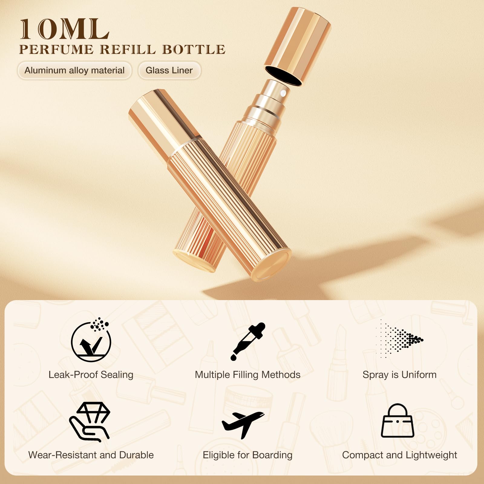 Kuangre 10ml Perfume Atomizer — Refillable Glass Mini Bottle, Portable 0.34oz (Gold)
