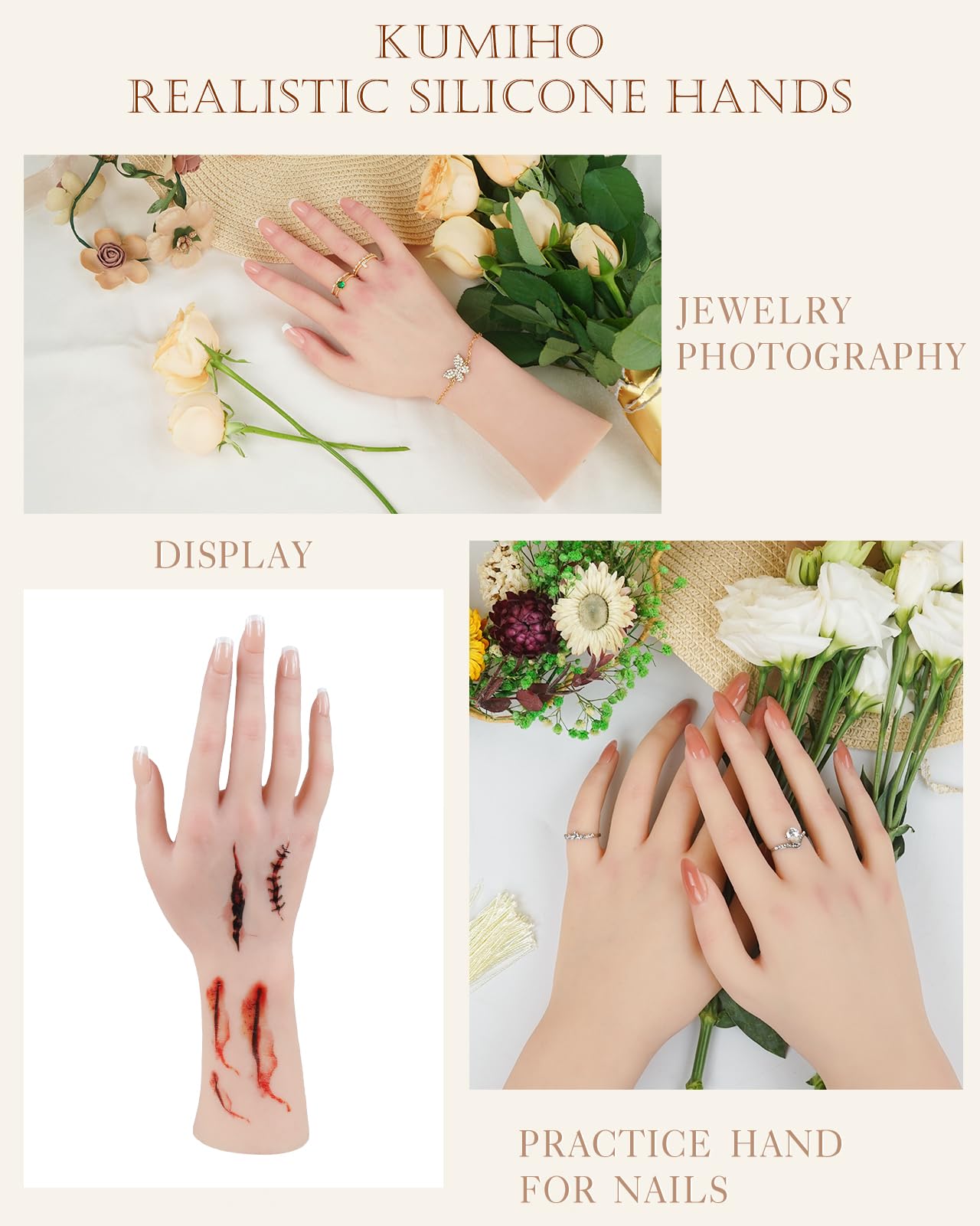 KUMIHO Realistic Silicone Female Hand Model with Skeleton – Right Hand, Nude