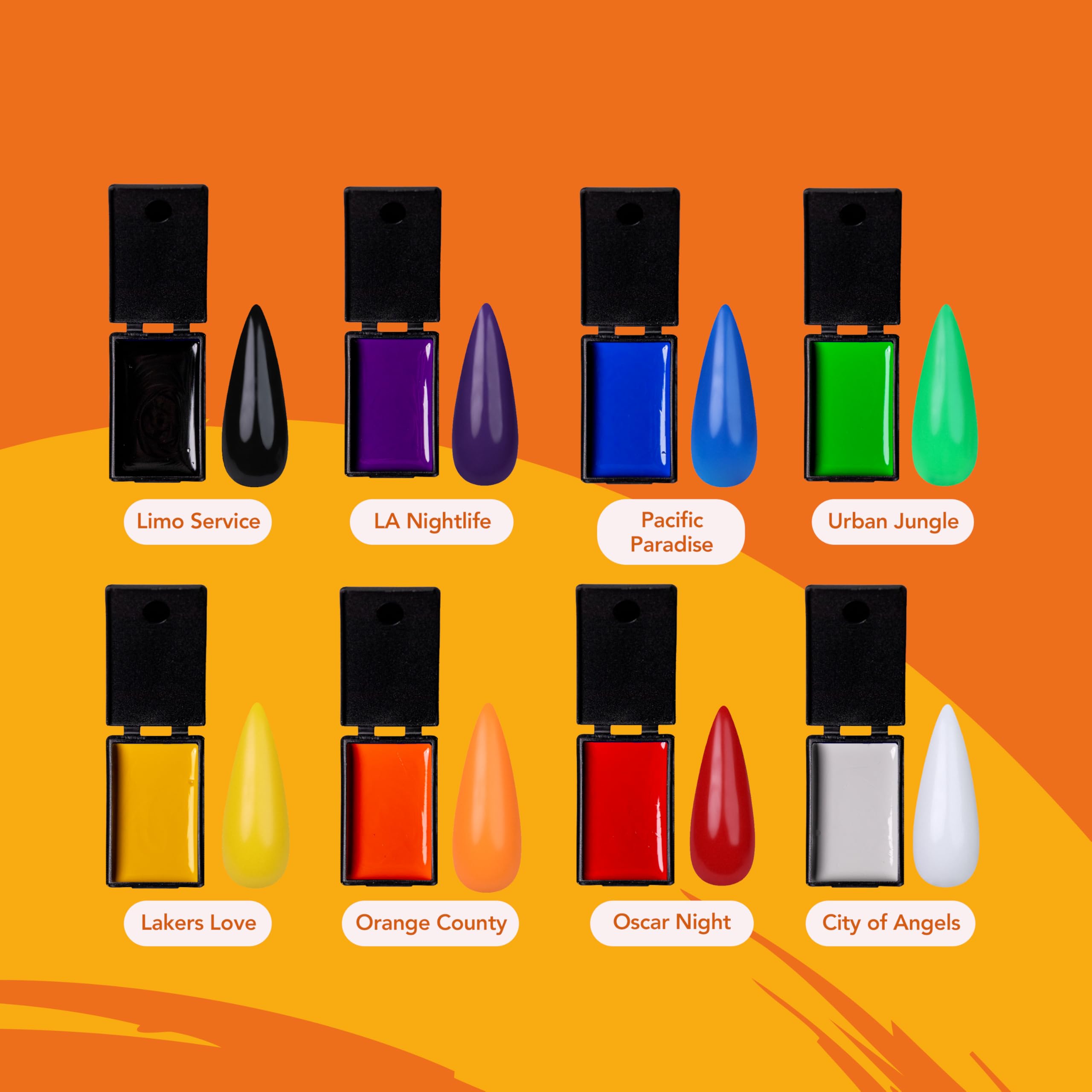KUPA KULR Solid Cream Gel Nail Polish – LA Confidential Collection, 8 Bold Colors + 1 Brush